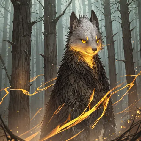 a weasel-headed monster, standing in the dark woods looking at the camera, yellow eyes, glowing eyes, dark yellow 1.5 all over, ...