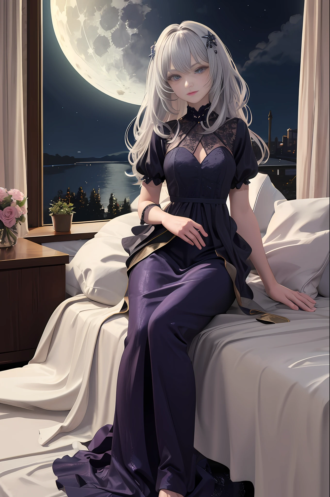 High resolution, best quality, illustration, cinematic light, super detailed, detailed face, (detailed eyes), highest quality, super detailed, masterpiece, (detailed face), girl alone, girl, gray hair, purple eyes, best detail, glowing eyes, moderate breathing, sitting in bed, sitting, bed, window, night sky, lake outside, moon, full moon, backlit, rays, (high contrast), (colorful), full body
