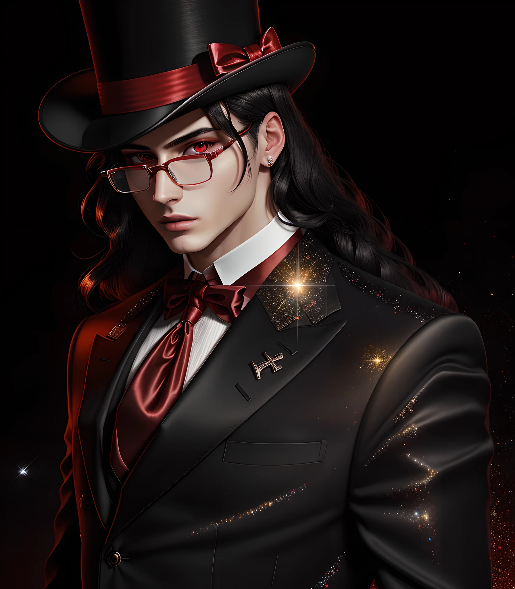 masterpiece, highest quality, (perfect full face:1.5), (high detail:1.1), long straight black hair, soft hair, rounded glasses, top hat, (hyper detailed red eyes), solo ,1guy, long hair, luxury suit, photoshootset detailed background, 32k, covered navel, full lips, curvy guy, perfectly drawn face, cinematic lighting,  red tetradic colors, balenciaga, glitter