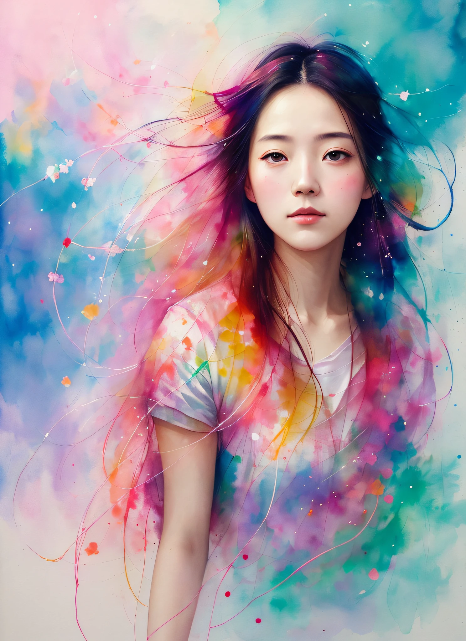 A painting by MSE A Woman by Agnes Cecile, luminous design, pastel colors, ink drops, autumn lights Chinese Woman 25 years old Full body portrait Pink clouds on the background