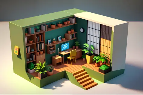 Isometric style, accurate 120 degrees, poly art, stylized 3D rendering, botanical garden, room, 3D stylized scene,