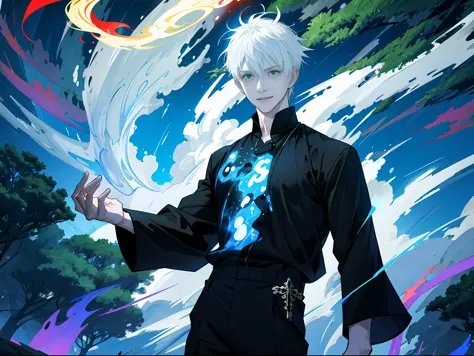 A man with short white hair, black shirt, standing on a forest path, spreading his hands while meditating, with a happy expressi...