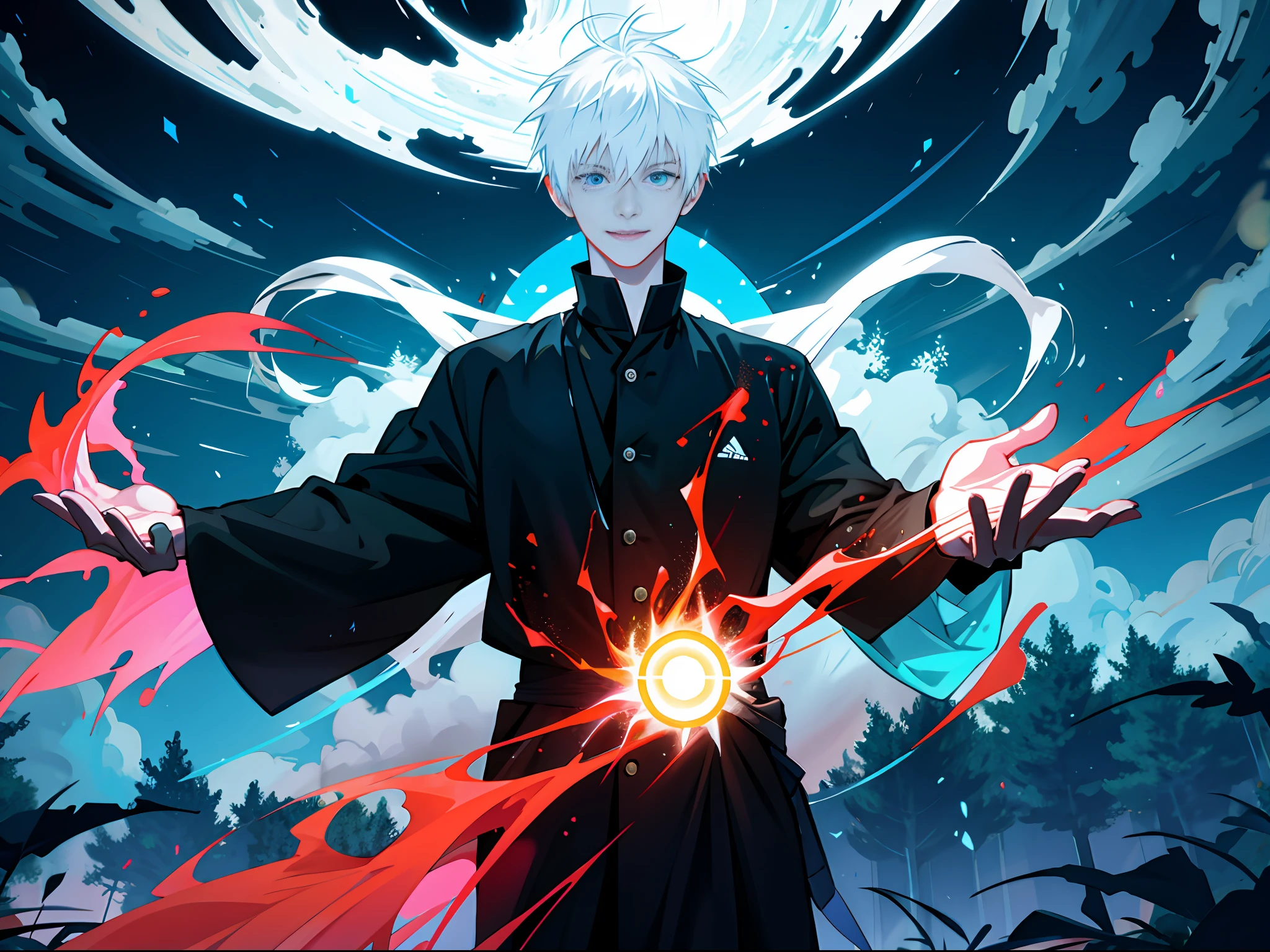 A man with short white hair, black shirt, standing on a forest path, spreading his hands while meditating, with a happy expression, the background is trees and the sky, but there are wormholes on the ground, surrounded by blue flames, golden and red lightning, high-speed movement, panoramic emergence, express dynamic and multi-angle light and shadow effects, generate 16K level detailed pictures.