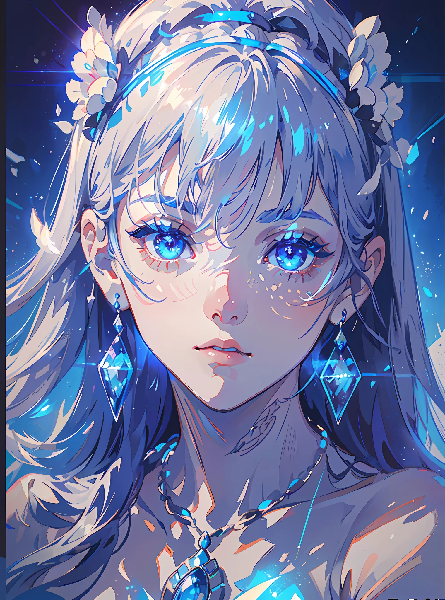 masterpiece, best quality, illustration, sax blue, platinum earrings, platinum necklace, white dress, 1girl, cute, (dynamic lighting:1.2), cinematic lighting, delicate facial features, detailed eyes, sharp pupils, realistic pupils, depth of field, bokeh, sharp focus, (hyper-detailed, bloom, glow:1.4), many small gems