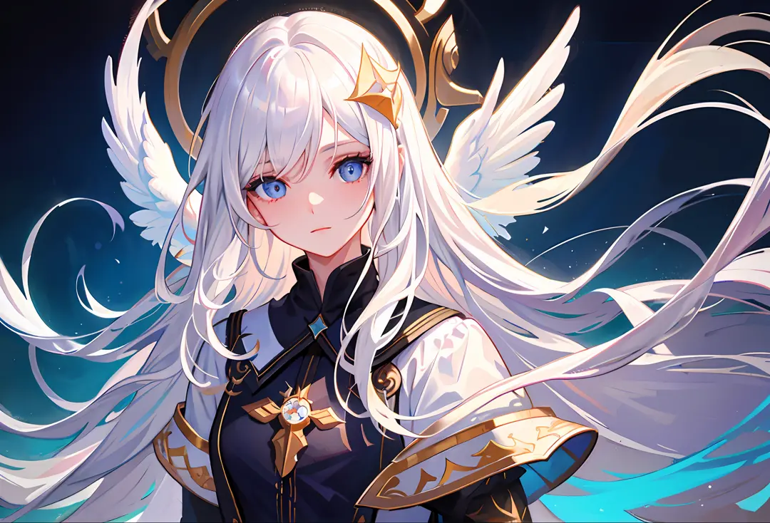 1girl, solo, wallpaper, best quality, mastery, oil painting\(medium\), heaven, long hair, white hair, angel, wings, floating island, detail background, (detailed eye description), (detailed face description), colorful, hair ornament, halo, veil, white hair...
