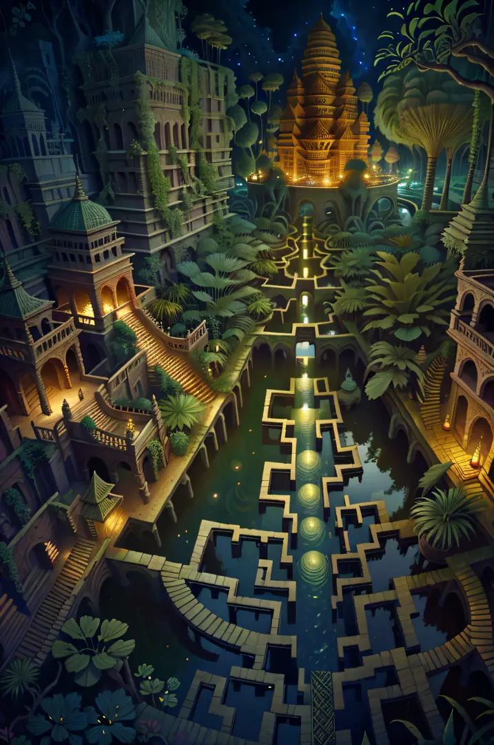 high angle, Labyrinth, hanging gardens of babylon at night, pond, mud, godrays, water lilies, reeds, fireflies, vivid color, thr...