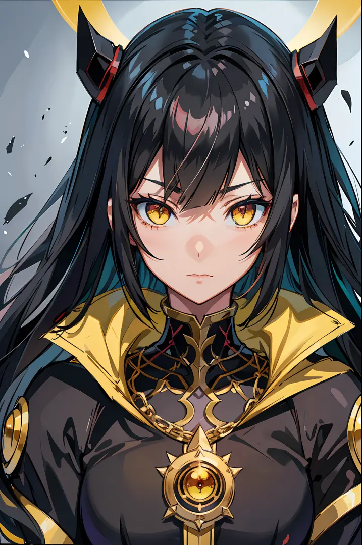 anime image of a woman with long black hair and yellow eyes, vanitas, black anime pupils in her eyes, close up of a young anime ...