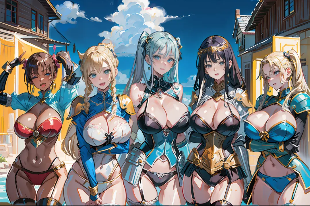 (masterpiece), maximum quality, (Colorful:1.1), (5 girls, group shot:1.4), (slim body:1.1), (huge tits:1.5), (dark skin:1.1), (muscles:1.1), blonde  hair, Silver hair, Twin tails, braid, forehead, (leaning forward:1.4), (Open your mouth, happy smile:1.1), ...
