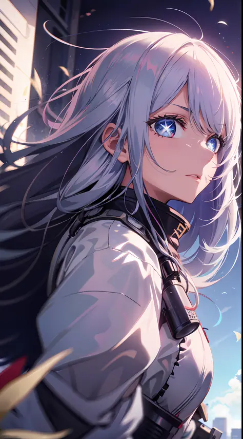 looking up, white hair, blue eyes, shining eyes, sniper rifle, suit, long hair fluttering in the wind, perfect composition, 8k