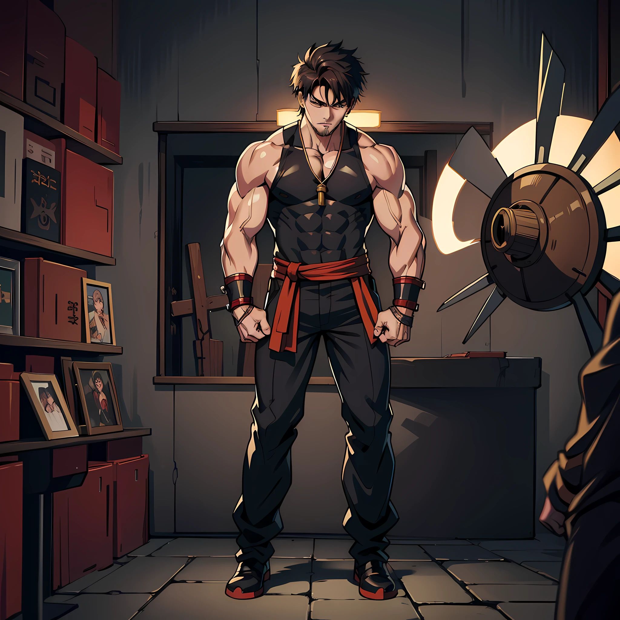 combining the Guilty Gear style with the artistic influence of Yusuke Murata, maximum detail, in 4k, Kaiden is tall and muscular, with broad shoulders and a determined expression. His short brown hair is framed by a well-groomed beard. His intense eyes are amber in color, conveying his energy and passion for fighting, He wears practical and comfortable clothes for hand-to-hand combat. Kaiden wears a sleeveless shirt and baggy pants of sturdy fabric, allowing for nimble movement. On his cuffs, he wears leather bandages for protection. He also wears sturdy leather boots to ensure stability during battles, Kaiden carries with him a pair of reinforced leather gloves, which increase his punching power and protect his fists during combat. In addition, he possesses a fist-shaped amulet made of an ancient metal, passed down from generation to generation in his family, symbolizing his lineage of warriors.