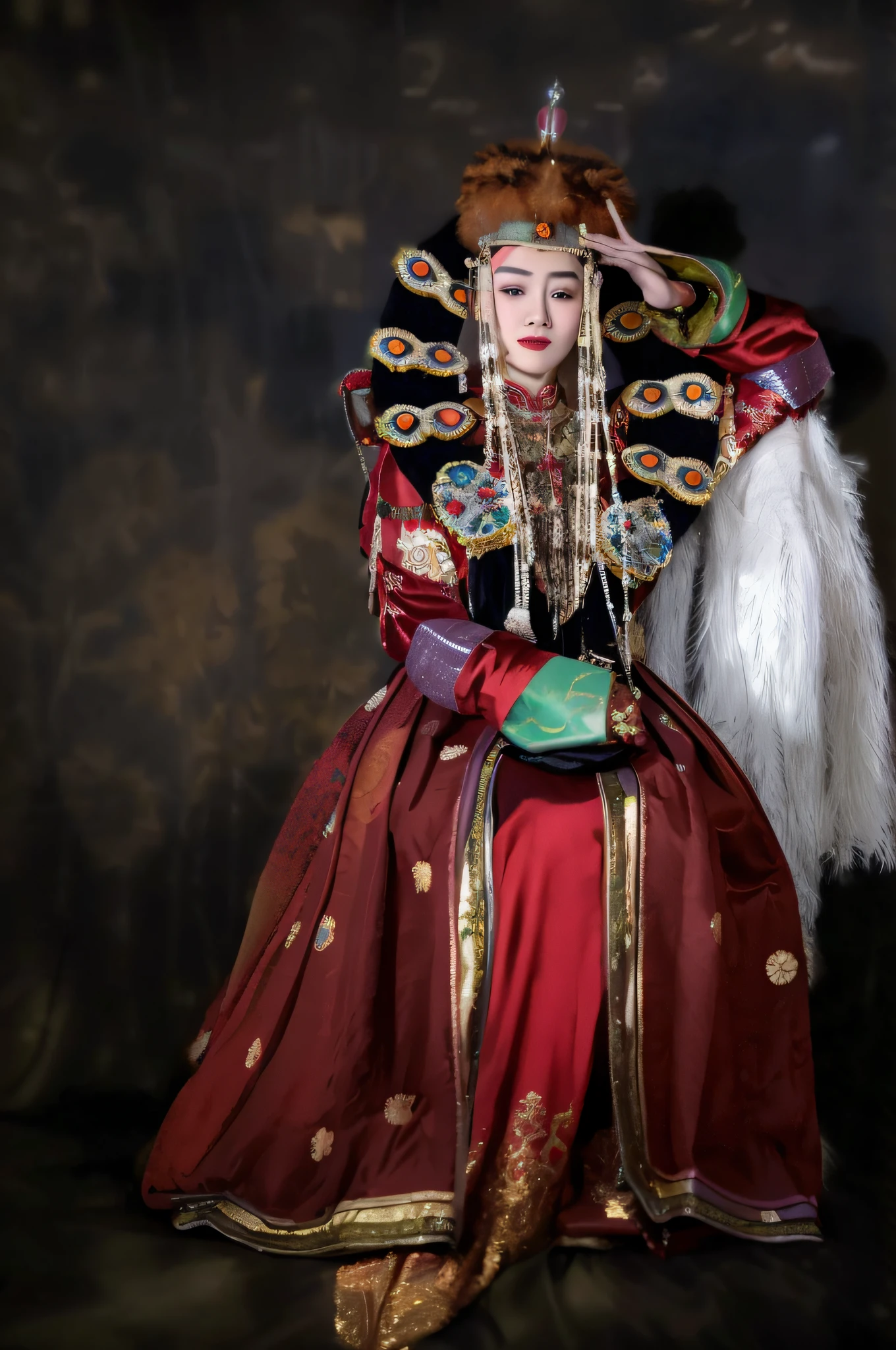 Masterpiece, best quality, fine details, Arakfi in red and gold dress, golden accessories, young woman as Genghis Khan, she dressed in shamanic costume, Kazakh queen, traditional costume, dressed in gorgeous silk costume, sci-fi Tibetan fashion, inspired by Jinnong, traditional costume, court, Hanfu girl, traditional costume, traditional costume