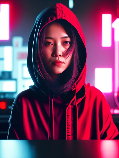 neon ninja style, closeup portrait of a person in a red hood, close up of a large ball in the middle of the room and electronics...