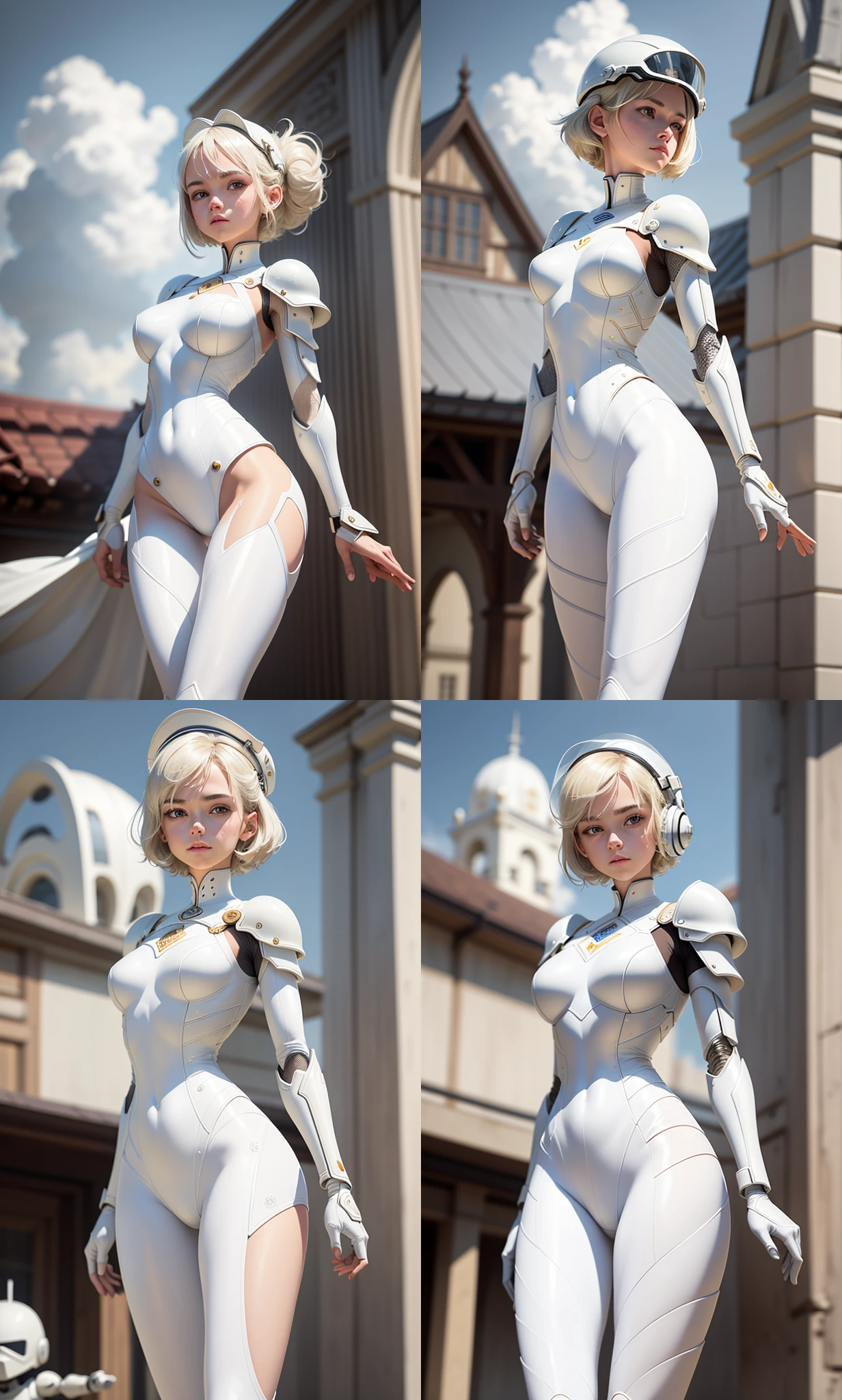 1 girl, white suit, short and uncut hair, blonde, beautiful face, rain, roof, masterpiece, intricate details, perfect anatomy, white helmet with white hair, arm and white, little mask, bevel cavitation, beggining cloud,rush vush brush, all body clear, time team solo council, mark weighly hips, tobot spy, legs thcci white, outlin, full body all body zoom out,  ballet, armature , armour