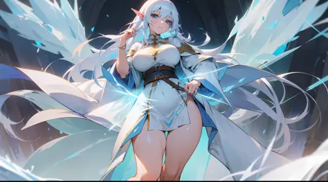 an elf mage, long white hair, bangs, large breasts, exposed thighs, hair between eyes, heroic posture, light blue eyes, full body, white and light blue robe, confident, fantasy, medieval, ice magic, night, lens reflection, glow
