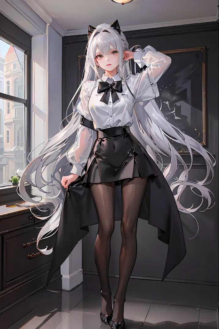 (((1 girl)),ray tracing,(dim lighting),[detailed background (living room)),((silver hair)),(silver hair)),(fluffy silver hair, plump and slender girl)) with high ponytail))) Avoid golden eyes in the ominous living room ((((Girl wears a white shirt, black w...