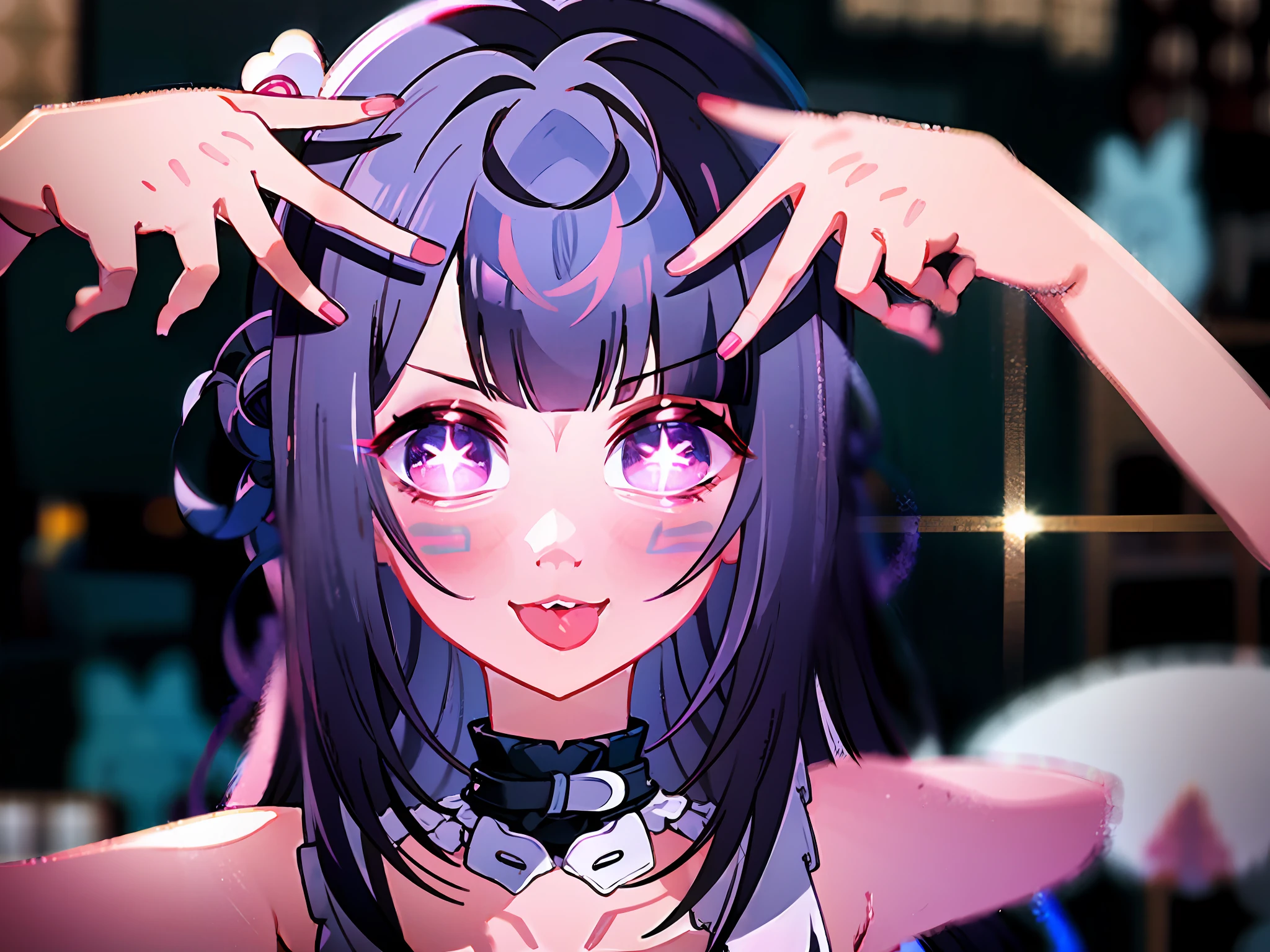 anime girl with long black hair and purple eyes holding her head, ahegao, ahegao face, anime style. 8k, anime moe artstyle, from the azur lane videogame, stylized anime, nightcore, anime stylized, hanayamata, anime style hyper detailed, shalltear from overlord, anime style 4 k, anime styled 3d