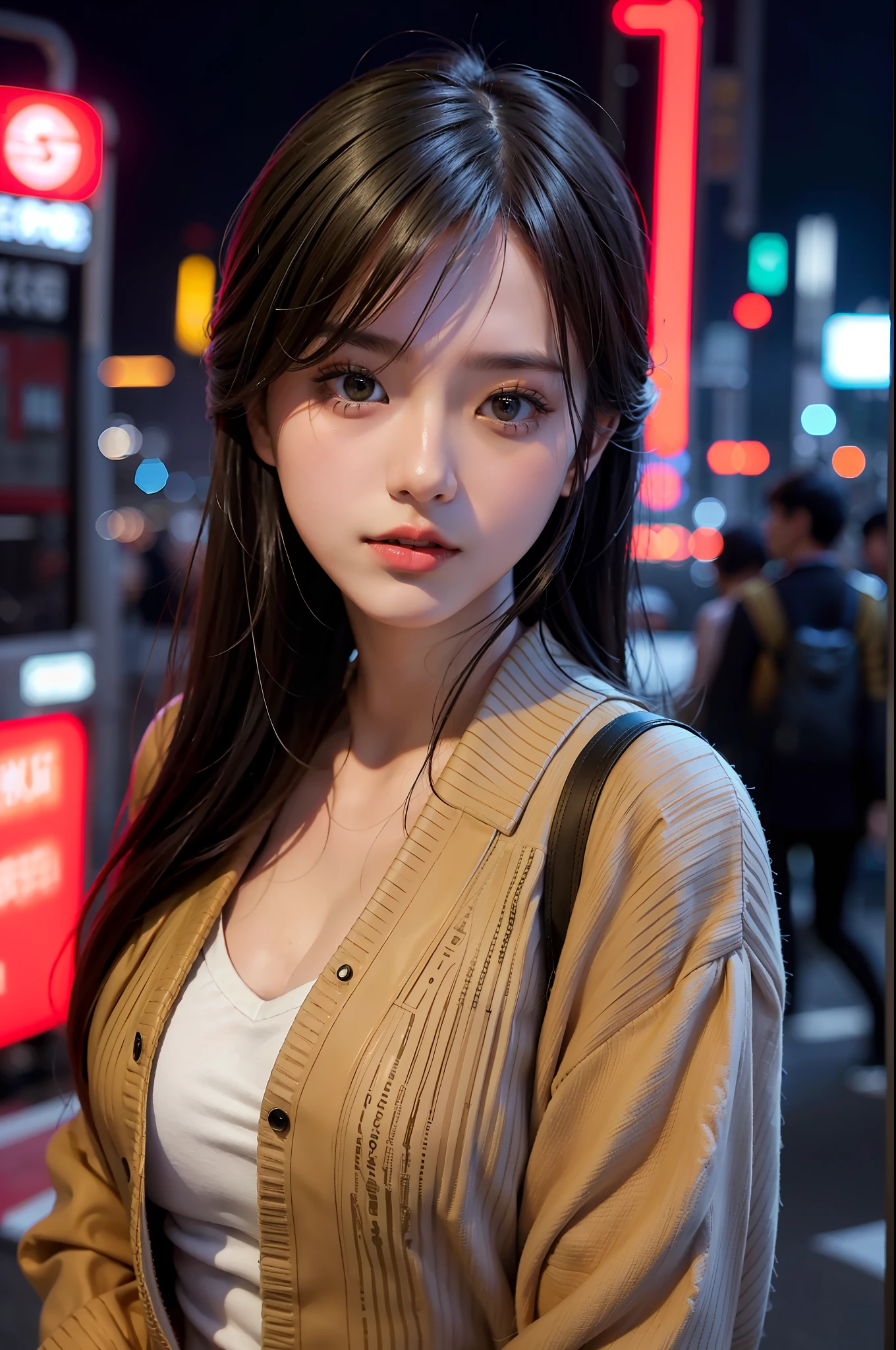 1 девушка, улица Токио,ночь, городской пейзаж,огни города, верхняя часть тела,крупный план, 8К, Необработанное фото, Лучшее качество, шедевр,реалистичный, photo-реалистичный,