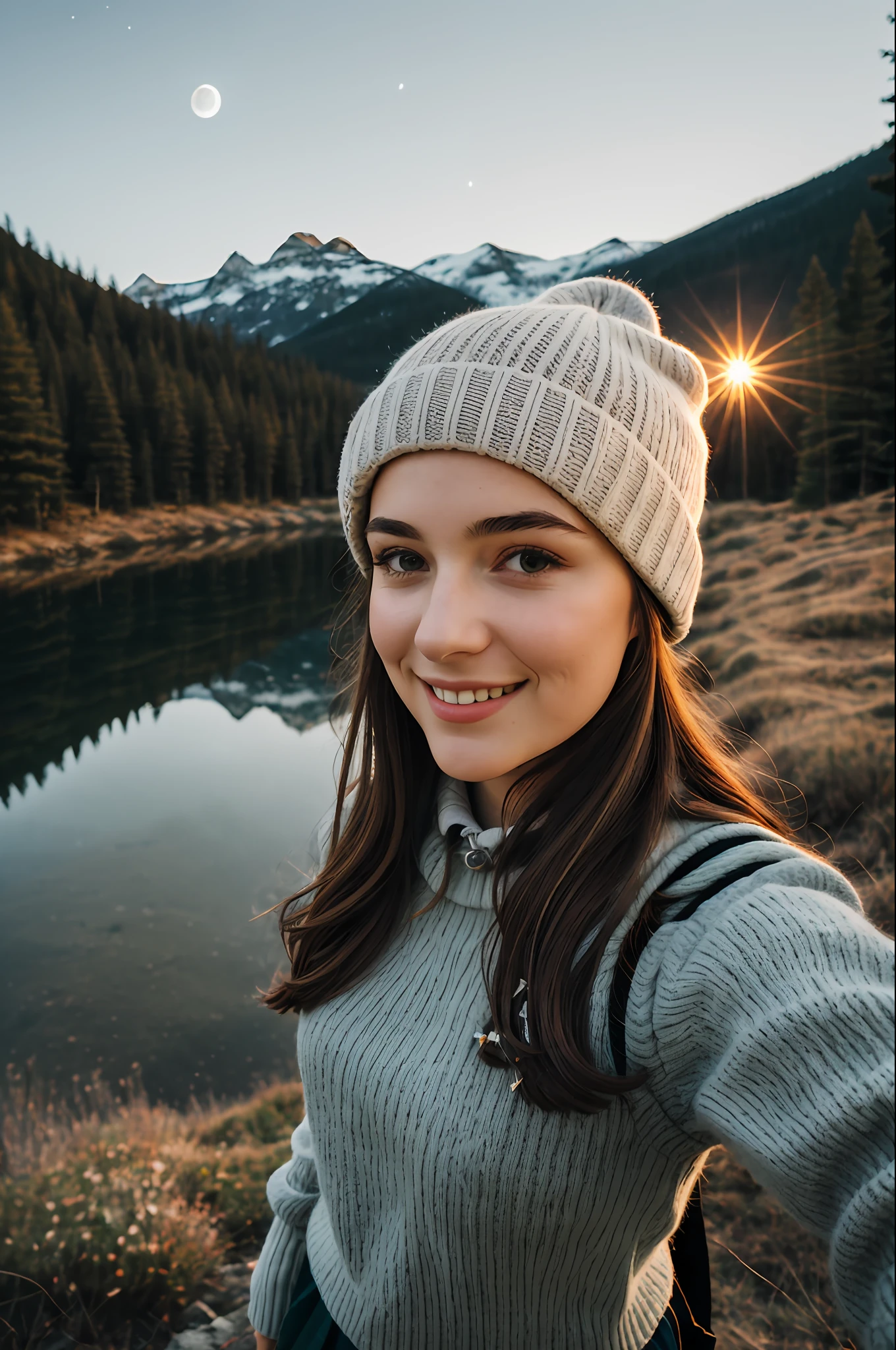 1 schoolgirl ((selfie of upper body, happy)), masterpiece, top quality, super detail, ground, outdoor, (night), mountain, nature, (stars, moon) cheerful, happy, backpack, bag sleeping, camping stove, water bottle, mountain boots, gloves, sweater, hat, lantern, forest, stone, river, wood, smoke, shadow, contrast, clear sky, style, (warm shades, warm tones)