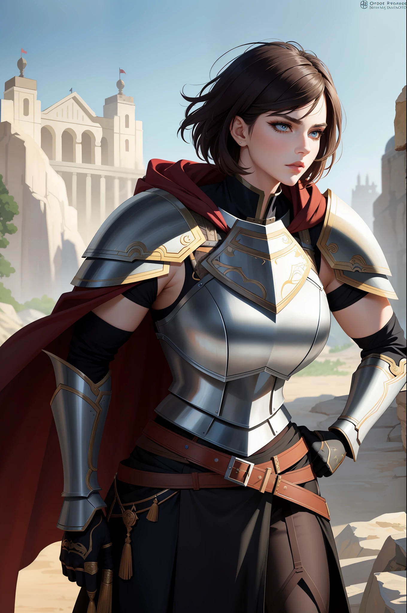 (masterpiece:1.2), (best quality:1.2), perfect eyes, perfect face, volumetric lighting, 1girl, tall mature female warrior, muscular, short hair, heavy armor, huge pauldrons, gauntlets, cloak, belt, spear, skirt, stern expression, makeup, lipstick, eyeshadow, mascara, thick eyelashes, dark fantasy, outdoor, detailed background, hand on hip