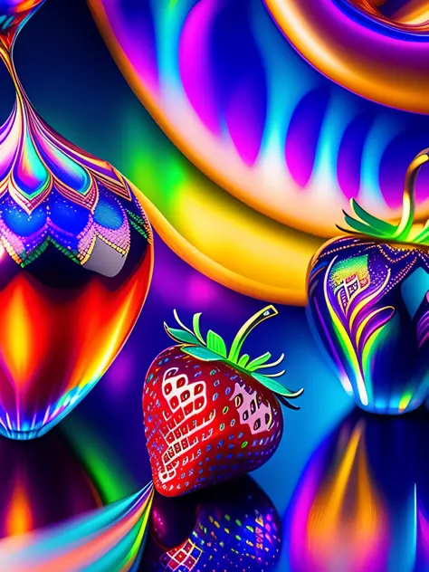 Iridescent, aurora borealis, strawberries, white chocolates, textured, intricate, ornate, shadowed, colourful, 3d, highly detailed, deco style, by tim burton, by dale chihuly, by hsiao-ron cheng, by cyril rolando, by h. r. giger $plastic$ grid:true