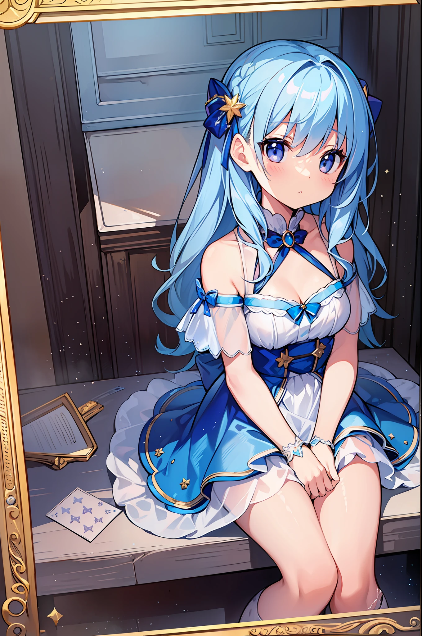 (MASTERPIECE), (Best Quality), (Super Detail), Official Art, One Girl, Lori with Pale Light Blue Hair, Petite Little Girl, Loli, Blue and Silver See-Through Dress, Sleeveless, Off Shoulder, Small, Very Small, Small, Cleavage, Thigh Focus, Card Illustration, Water