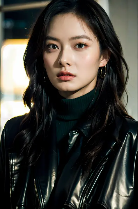 modelshot, cinematic still, 28 years asian girl standing, upper body, (black eyes:1.3), mid wavy hair, (green turtleneck sweater...