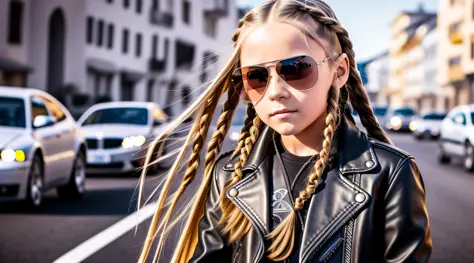 RUSSIAN GIRL 10 YEARS OLD WITH LONG STRAIGHT BLONDE HAIR WITH BRAIDS , PORTRAIT STYLE , WITH SUNGLASSES , in leather jacket , Terminator , Terminator 2 --auto --s2