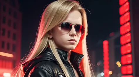 BOY Russian child with 20 years old, WITH LONG BLONDE STRAIGHT HAIR, WITH SUNGLASSES, on a black background WITH RED LIGHTS, The Terminator, The Terminator, The Terminator. --auto --s2