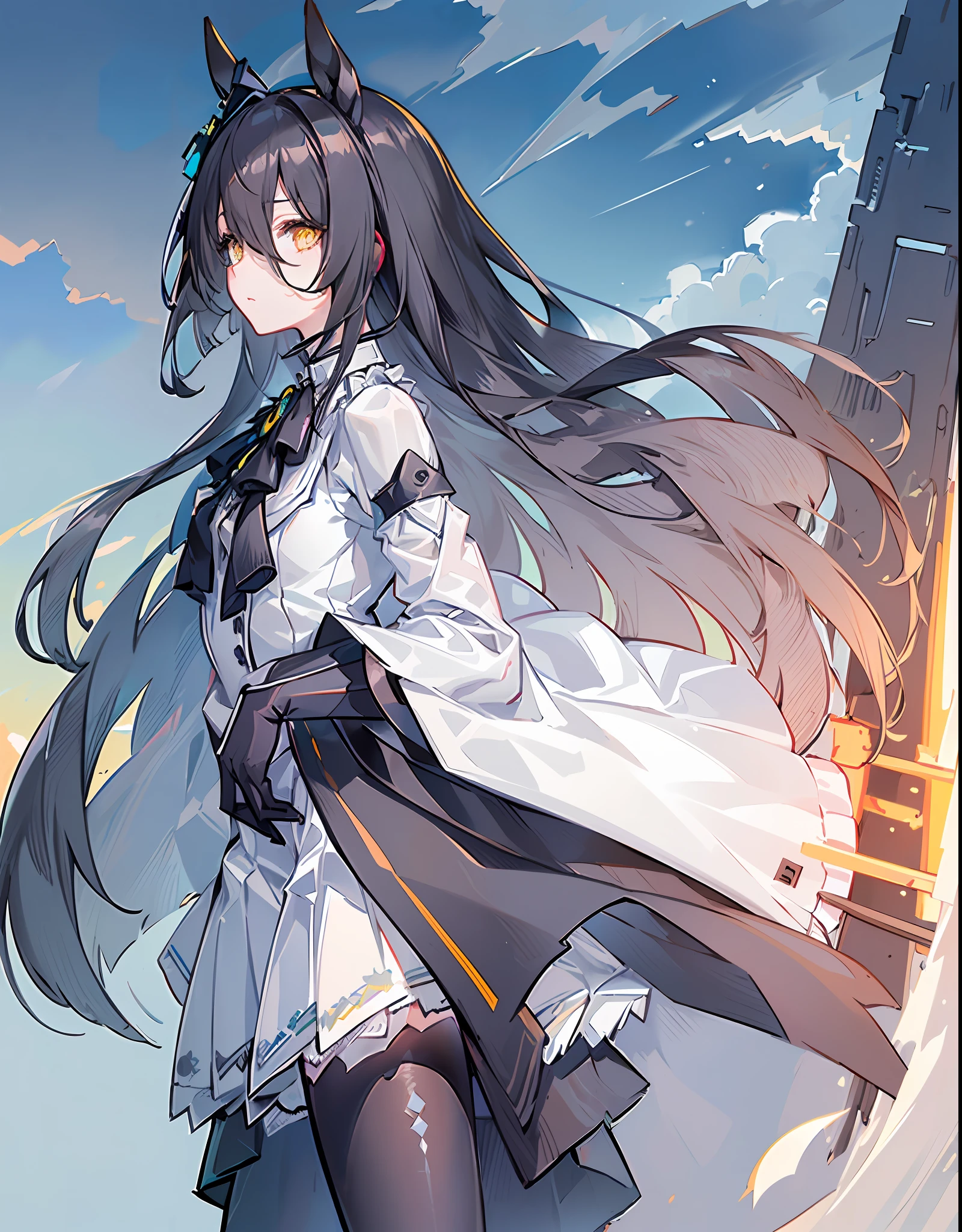 (masterpiece), (highest quality), Manhattan Cafe \ (umamusume\), ahoge of thin white color, independent of black hair, (long hair with black hair), very thin and long black bangs passing between the eyes, bewitching yellow eyes without highlights, thin and delicate body, (black haired horse ears), black hair horse tail, ((masterpiece, top quality, very delicate and beautiful, illustration))), detailed face, ( From the side, medium long shot), 1girl, Lora, headphones, (((Clouds: 0.3), multiple_luna, (floating_fortress technology machine), night sky background)), (cyberpunk_aerospace_helmet)