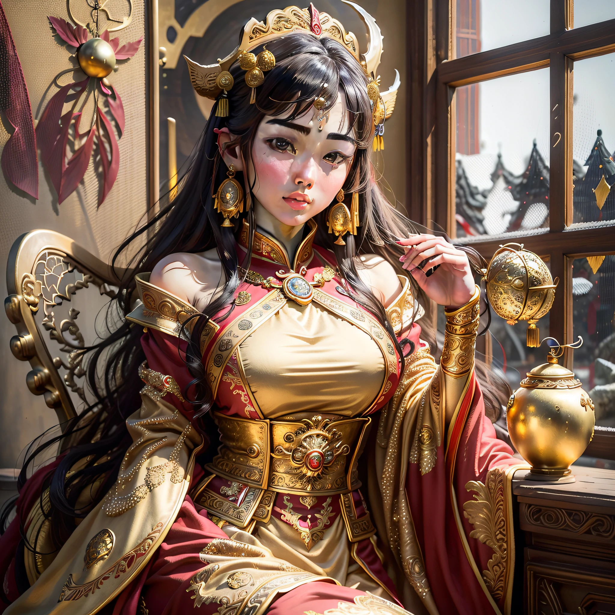 Masterpiece, best quality, fine details, a girl, well-proportioned, natural lighting, very beautiful, wearing red and gold court costumes, shining gold ornaments, sitting on a gorgeous chair, incarnating as the queen of Genghis Khan, fusing Hanfu elements, costume inspired by the Tang Dynasty, full body picture