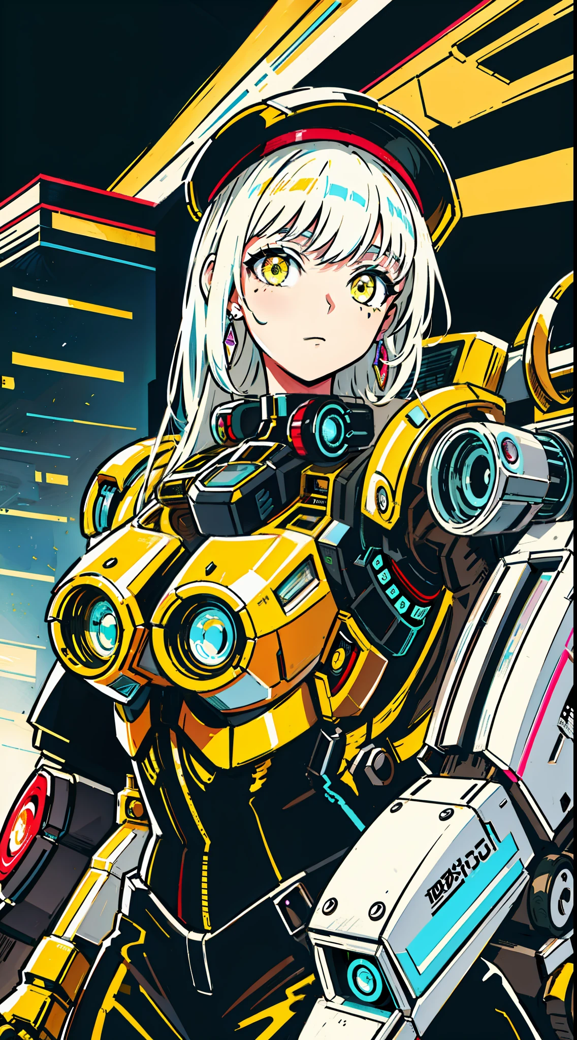 1 Girl, Solo, Colorful, Yellow Eyes, Cyberpunk, Mechanical Scrap Zone, Cityscape, Stud Earrings, Long Messy White Hair, Mechanical Hat, Mechanical Body, Robotic Arm, Mecha, Robot, Mechanical Maiden, Neon Lights, Beautiful Lights, Character Focus, CG Illustration, Bust Shot, 8k Resolution, Very Detailed, Anatomically Correct, Digital Painting, Concept Art, Clear Picture