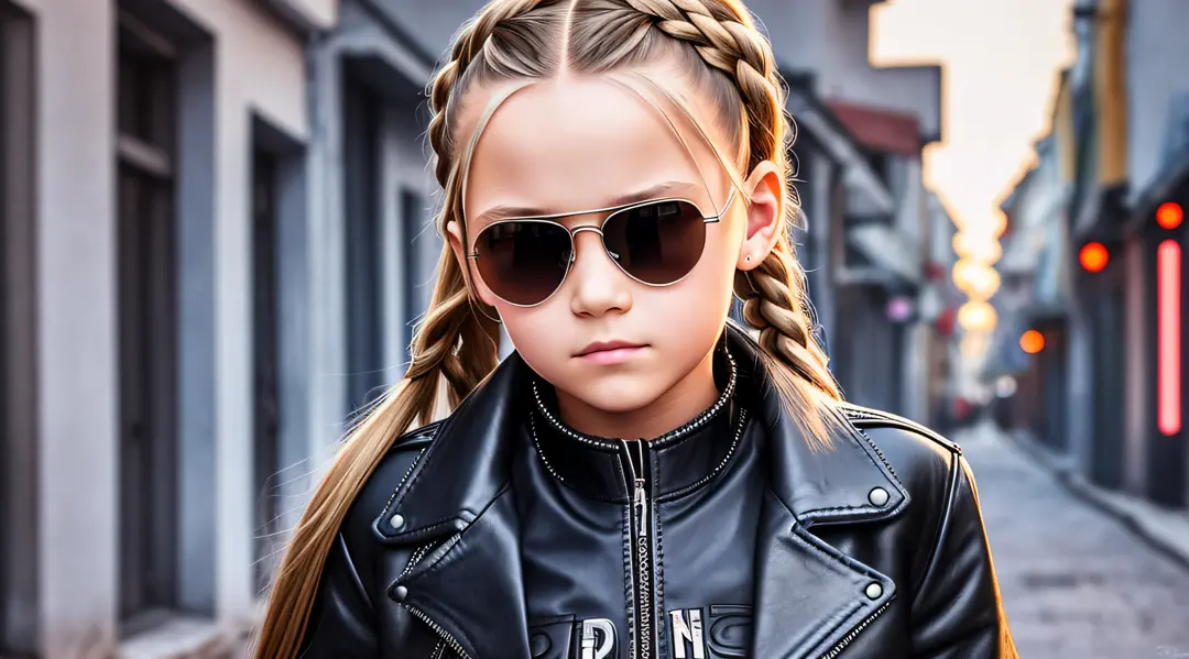 RUSSIAN GIRL 10 YEARS OLD WITH LONG STRAIGHT BLONDE HAIR WITH BRAIDS , PORTRAIT STYLE , in leather jacket , Terminator , Terminator 2 --auto --s2