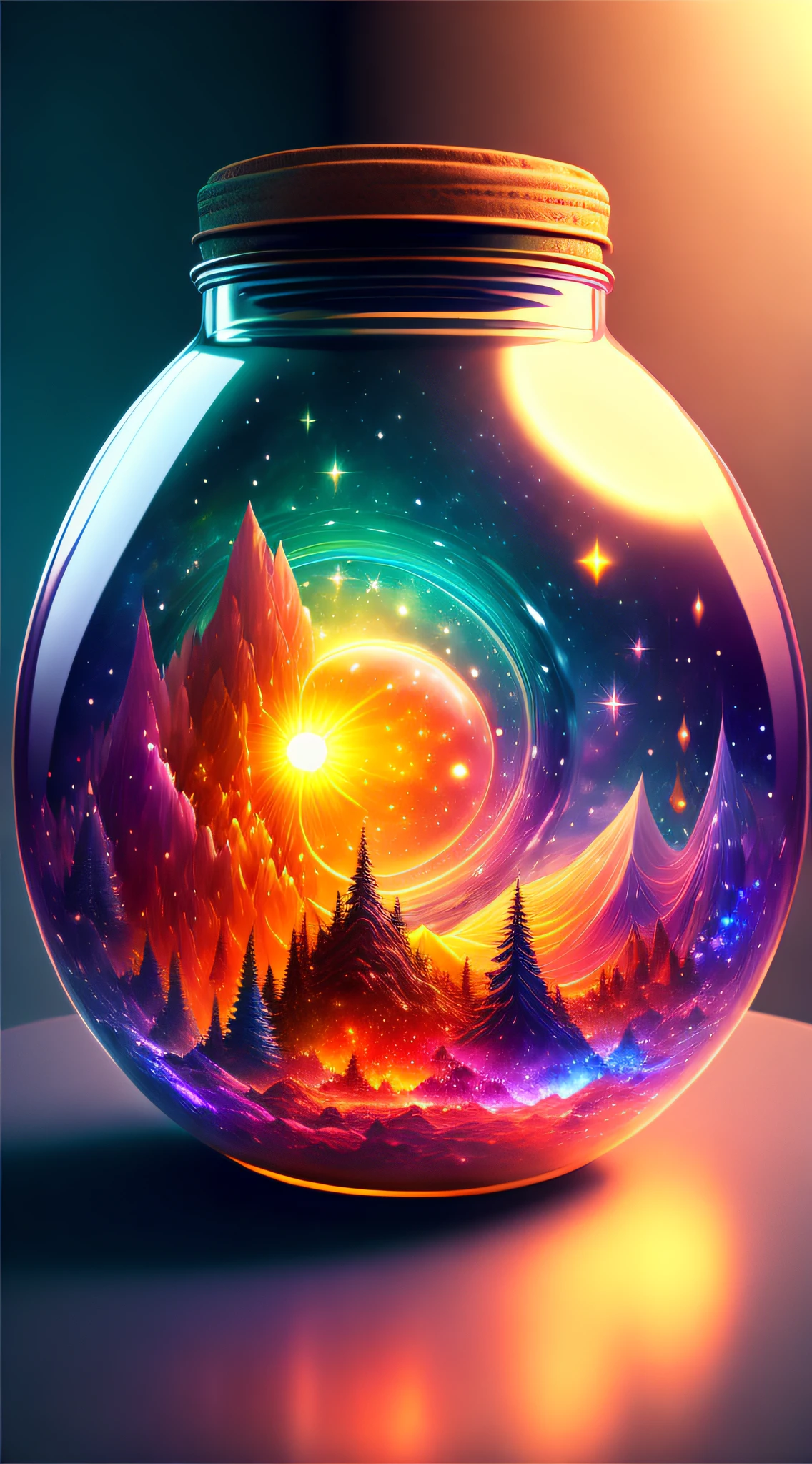 The entire universe is contained in a glass jar, ultra-realistic, ultra-detailed, dramatic lighting, 4K, colorful environments