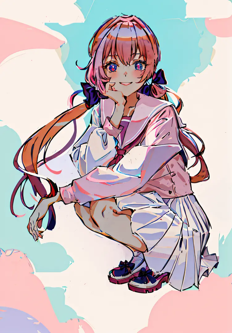 Masterpiece, Ultra HD) 1 girl, sailor suit)), school uniform, squat, (pink hair)), hair bow, pink pupils, gradient eyes), smile,...