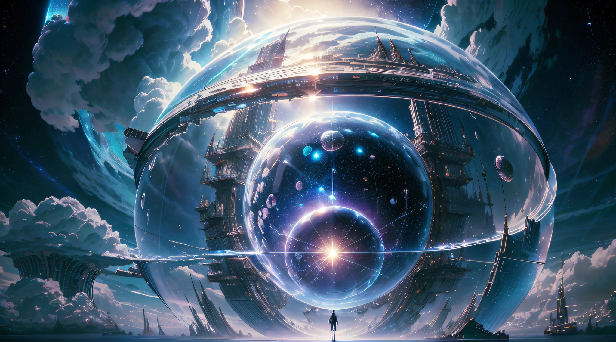 a giant mirrored sphere floating in space, a futuristic city within the sphere, new york, statue of liberty, perspective, twinkling lights, a man admiring, jeans, sweatshirt, (dark sky with clouds and stars:1.3), particles in the air, ray of god, detailed, masterpiece, high resolution, best quality, HD detail, hyper-detail, cinematic, surrealism, soft light, ray tracing and surrealism. --auto --s2