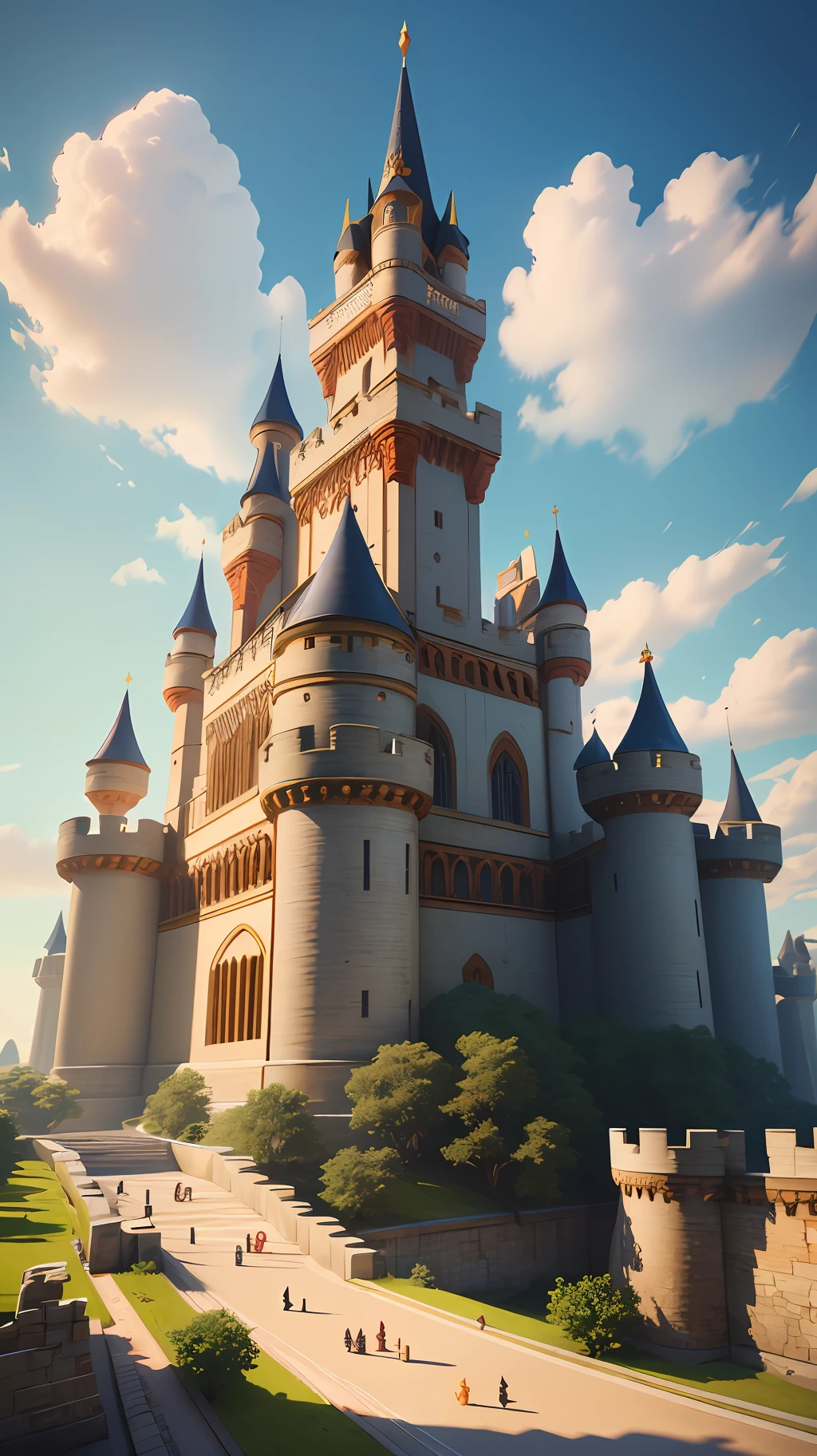 Cartoon style, polygon, game scene atmosphere map, pixar style, exaggerated design, fantasy, knight in white and black hat, imperial city, noble coronation, full traffic, flagpole, castle vista, fish flying in the sky, royal guard, salute music, crowds, pets are watching, casual play style, low poly, lowpoly, best detail, cartoon style, 3d, masterpiece, best quality, unreal engine, cartoon rendering, 8K