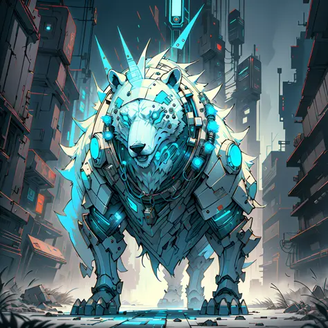 1 Animal, (polar bear), with cyberpunk armor, cyberpunk riding cell, cyberpunk helmet, flashlights, night, cold,