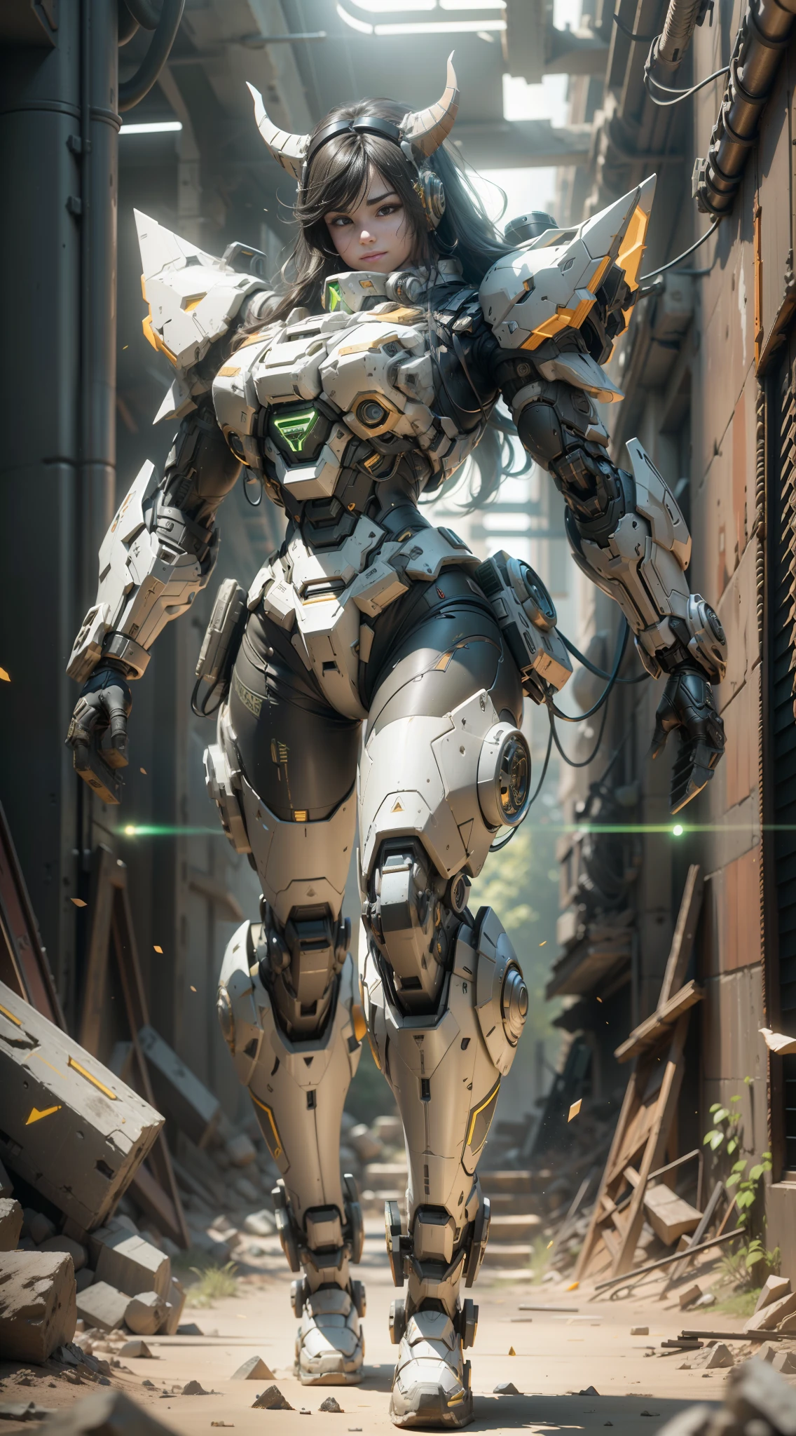 ((Best Quality)), ((Masterpiece)), (Very detailed: 1.3), 3D, Shitu-mecha, Full body, 1 beautiful woman, smiling, long hair, wearing a mech in black color scheme with horns on the head, ((strong)), (mech with cowhide decoration), ruins of a city in the forgotten war, ancient technology, HDR (High Dynamic Range), ray tracing, NVIDIA RTX, super resolution, Unreal 5, subsurface scattering, PBR texture, post-processing, Anisotropic Filtering, Depth of Field, Maximum Sharpness and Acutance, Multi-layer Textures, Albedo and Highlight Maps, Surface Shading, Accurate Simulation of Light-Material Interactions, Perfect Proportions, Octane Rendering, Duotone Illumination, Low ISO, White Balance, Rule of Thirds, Wide Aperture, 8K RAW, High Efficiency Subpixels, Subpixel Convolution, Luminescent Particles, Light Scattering, Tyndall Effect