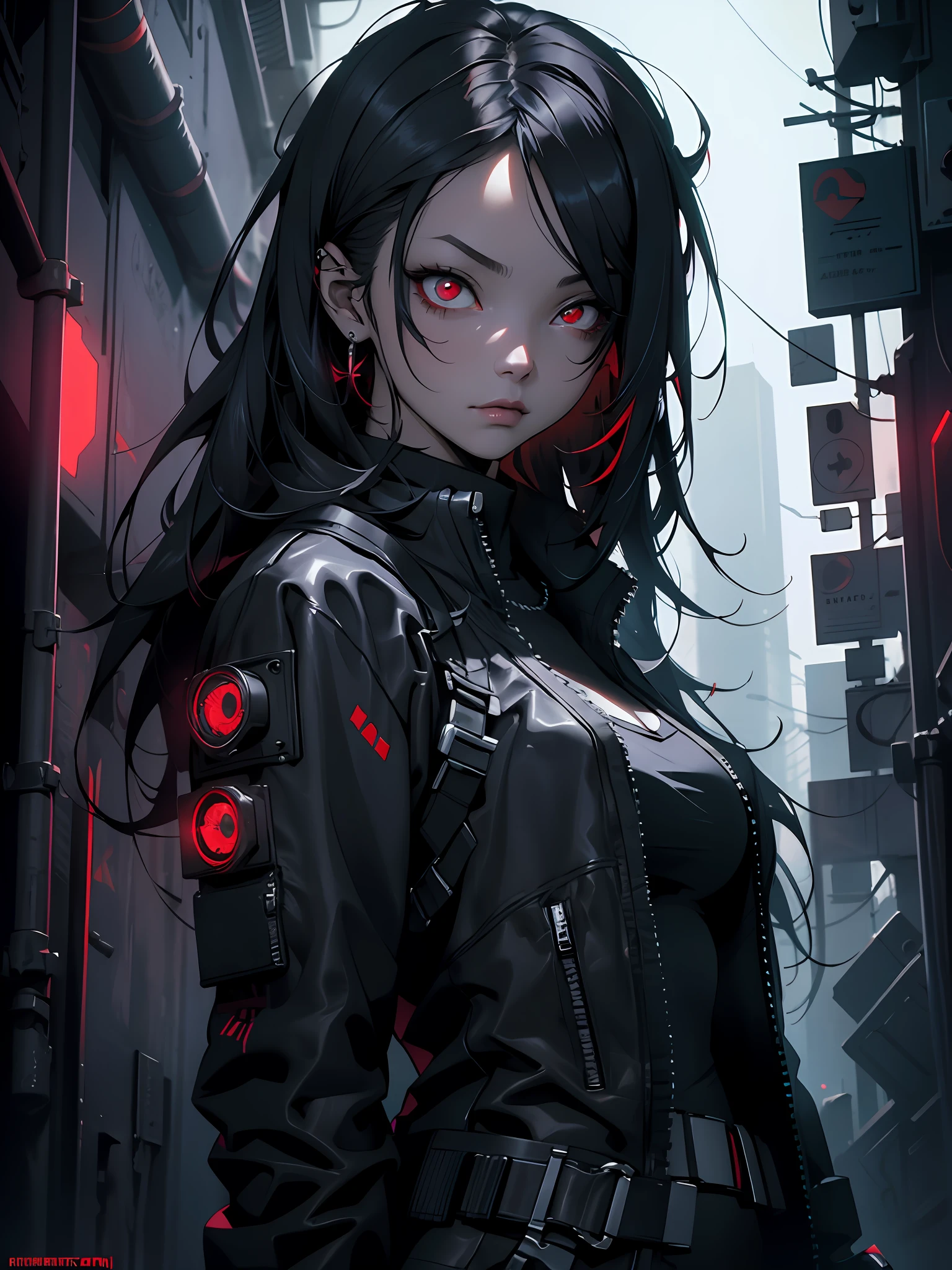 masterpiece, highly detailed, high quality, goth girl, red eyes, cyberpunk, sci-fi, illustration, cinematic lighting,