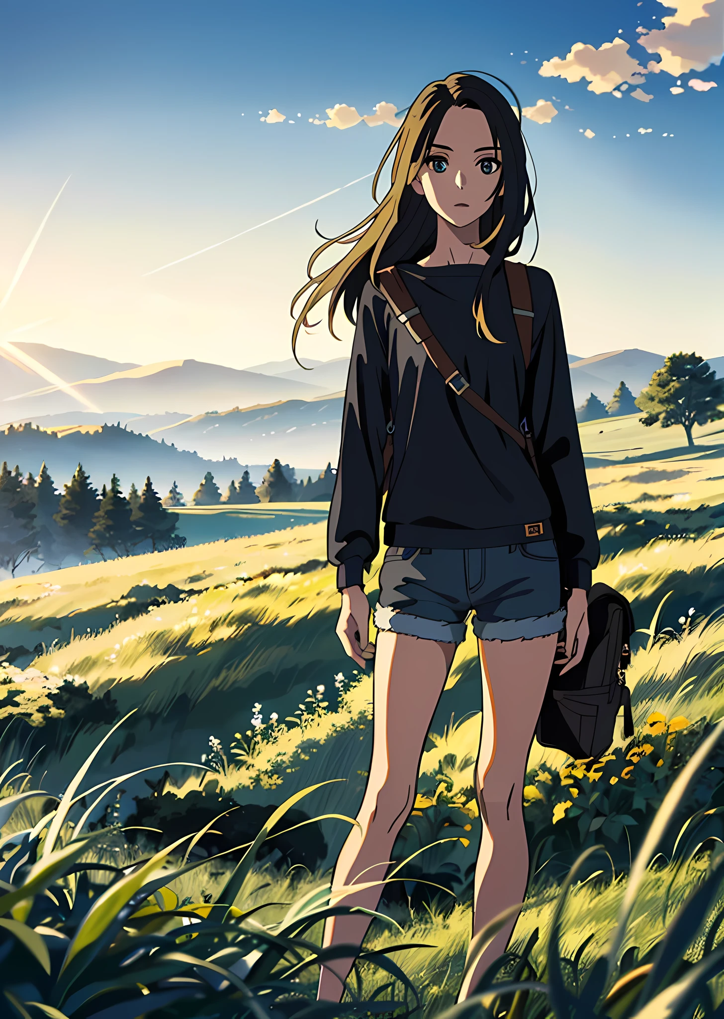 (Vast sky, beautiful skyline, large grassland: 1.2+ intense and dramatic graphics, moving visuals: 1.3+ hanging North Star, colorful natural light: 1.3), (long-sleeved top, (1girl), denim shorts, backpack: 0.8), (back, dynamic), (detailed character modeling: 1.2, natural skin tone, delicate texture), (beautiful girl, dynamic posture, confident posture: 0.2+ long hair flowing (black hair: 0.9+ blonde hair: 1.2), with femininity and temperament: 1.3+ beautiful face, witty and cute expressions and eyes), (large grassland in the background) + (rendering of natural light, light and shadow: 1.3), (shooting angle, long lens, light illumination