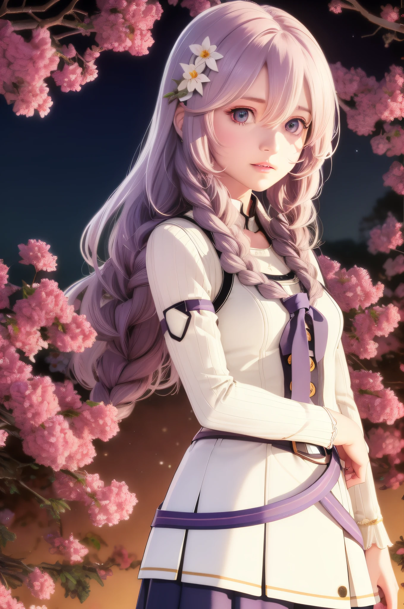 Realistic, 1girl, white hair, purple eyes, glowing eyes, cropped top, skirt, parted lips, blush, night, flowers, sun, sunlight, white skirt, short skirt, medium length hair, real, warm colors, white short Dress, white clothes, light background color, day environment, bright color background, saudi, ocean, cute,