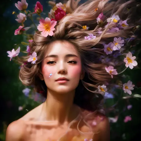 Chinese woman with flowers and flower crowns in her hair, floating flowers in hair, flower storm portrait, woman in flowers, flo...