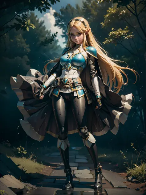 (full body:2) {zelda\(princess\)}, only {zelda\(princess\)} is this ((wearing black kamen rider costume with gold parts, with a ...