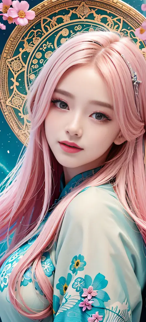 (Masterpiece, Top Quality, Best Quality, Official Art, Beauty and Aesthetics: 1.2), (1girl), Korean, (Smile), Extremely detailed, Colorful, Supreme Detailed, Uniform 8k wallpaper, Ultra detailed, Beautiful, Pale Pink hair color, (zentangle, flower, mandala...