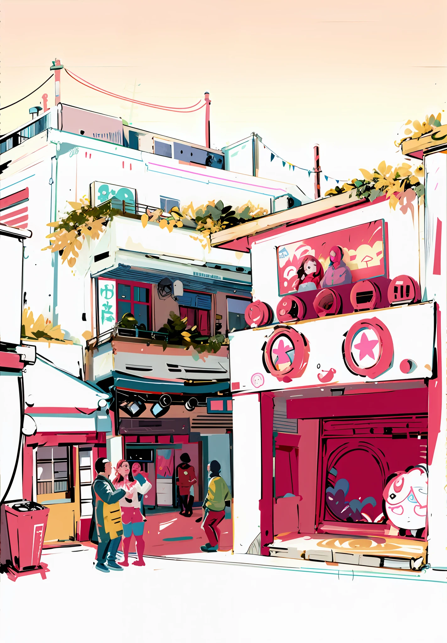 黄色い建物と歩く人々で通りのシーンを描く, anime city 線画, きれいなインクで描かれた詳細な線画, 線画, 線画!!, super detailed 線画, 線画 illustration, 線画!!, アニメスタイルの都市の風景, 全ページイラスト, illustration 線画 style, 東京らしい街, 線画, 非常に詳細な線, clean 線画, out線画 --auto --s2
