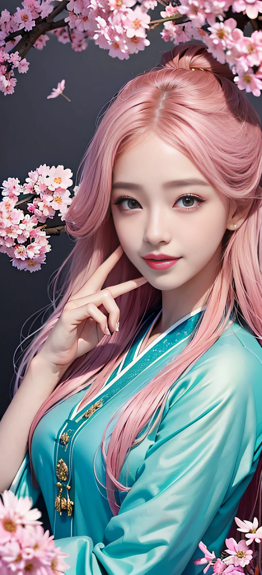 (Masterpiece, Top Quality, Best Quality, Official Art, Beauty and Aesthetics: 1.2), (1girl), Korean, (Smile), Extremely detailed, Colorful, Supreme Detailed, Uniform 8k wallpaper, Ultra detailed, Beautiful, Pale Pink hair color, (zentangle, flower, mandala, tangled, entangled), water art, surround, entangled, real, sci-fi background