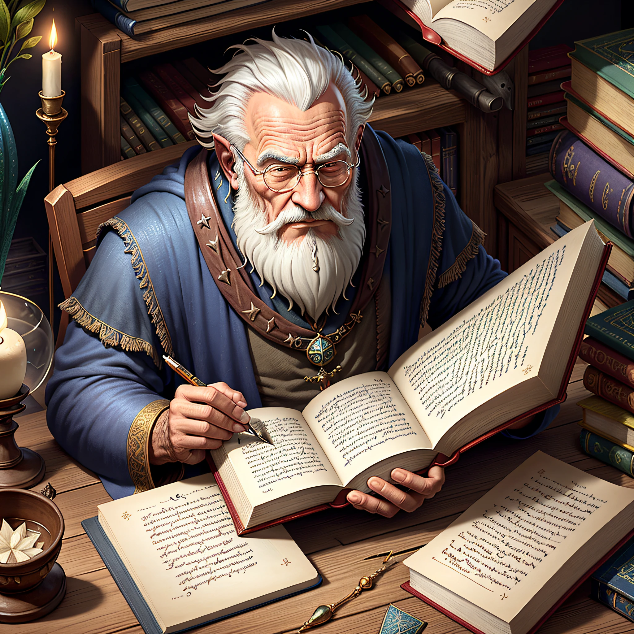 imagen medieval, Fantasía, anciano mago trabajando escribiendo un libro mágico en una biblioteca con mucha tecnología y realismo extremo,