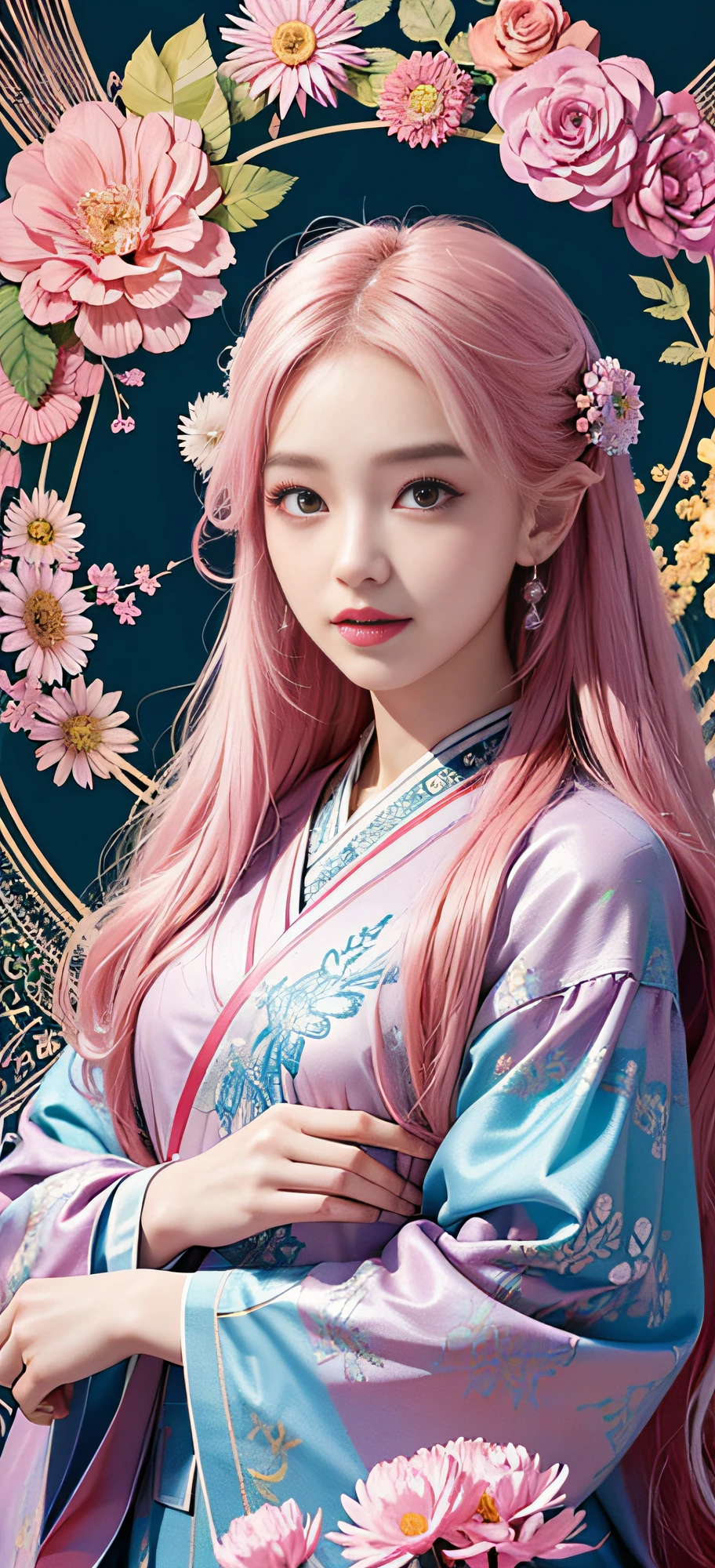 (Masterpiece, Top Quality, Best Quality, Official Art, Beauty and Aesthetics: 1.2), (1girl), Korean, (Smile), Extremely detailed, Colorful, Supreme Detailed, Uniform 8k wallpaper, Ultra detailed, Beautiful, Pale Pink hair color, (zentangle, flower, mandala, tangled, entangled), water art, surround, entangled, real, sci-fi background