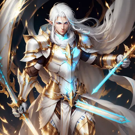 Full body image of a young, strong and handsome elf with blue pupils, white hair, a confident expression, a look from superior t...