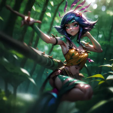 neeko, in the forest, sunshine, small breasts, action pose